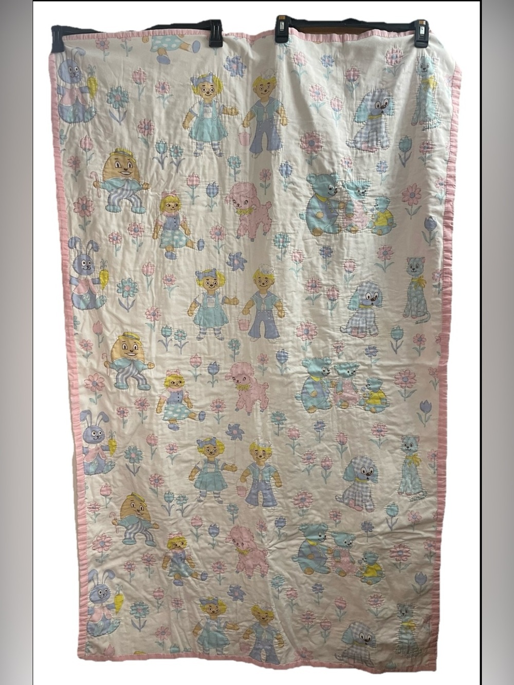 Vtg Storybook Baby Blanket Quilt Handmade Nursery Rhyme Pink Jack and Jill